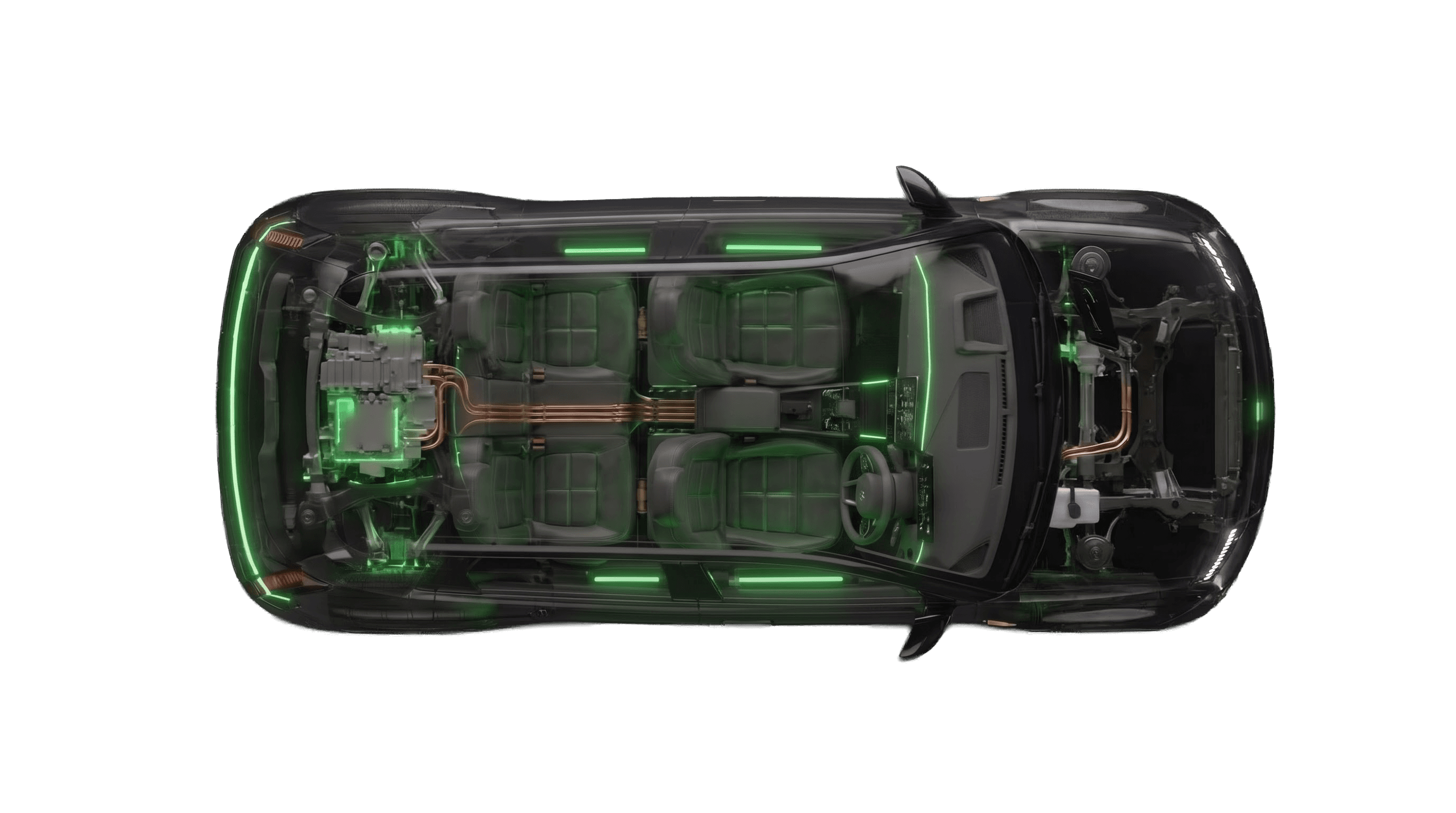 Top-down cutaway of the eNEG taxi showing its battery, drivetrain and seating layout