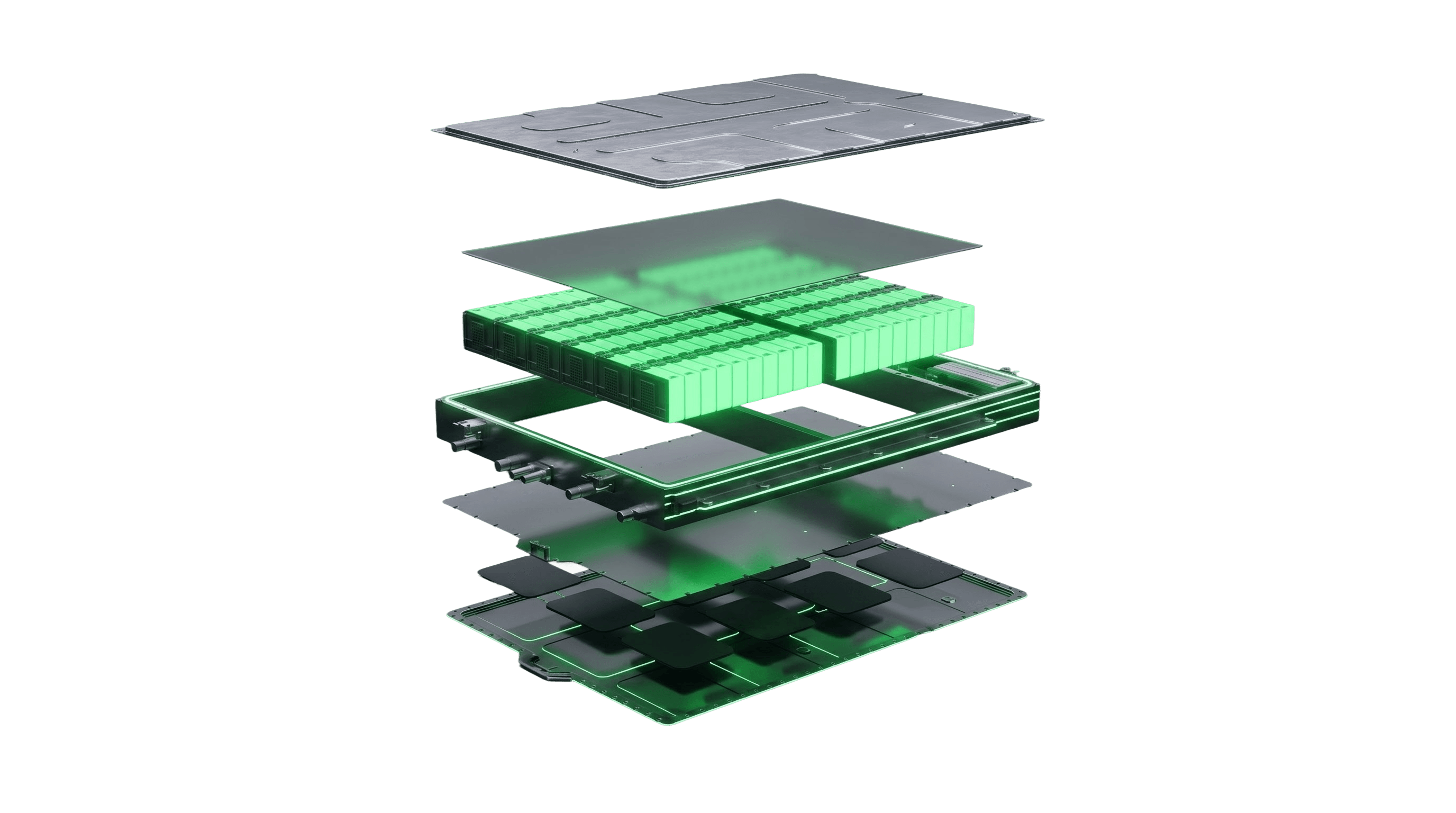 Exploded view of the eNEG battery pack, showing the cell modules between the upper and lower housings