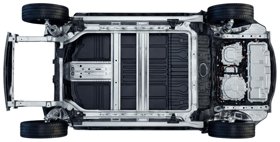 Underside view of the eNEG rolling chassis with its battery pack, motor and suspension