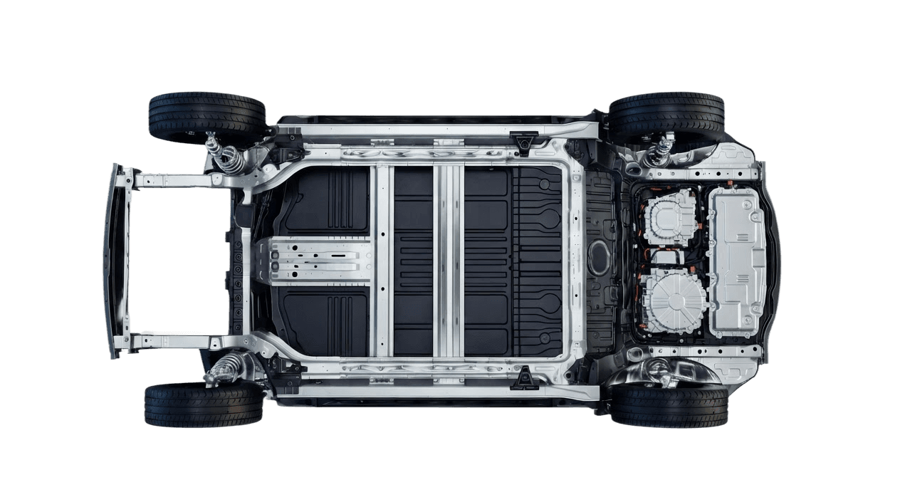 Underside view of the eNEG rolling chassis with its battery pack, motor and suspension
