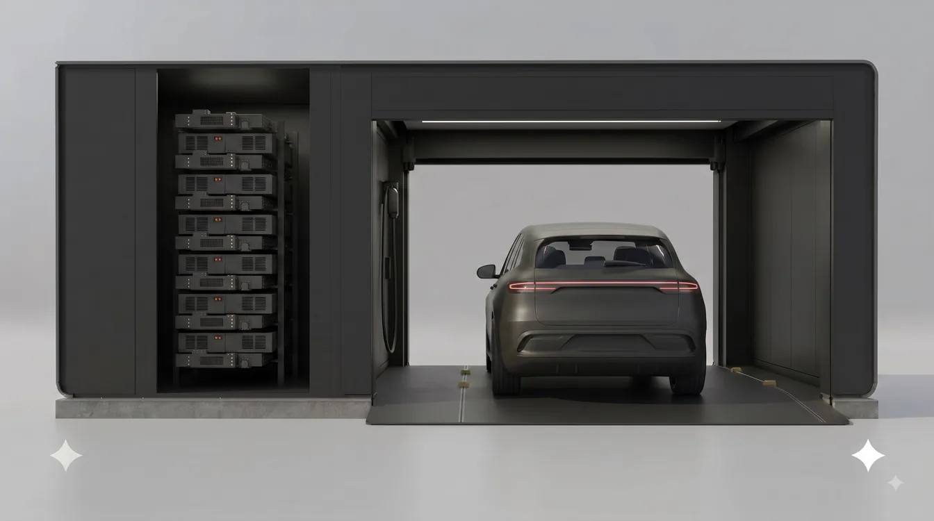 An eNEG battery swap station with a car pulled in alongside it