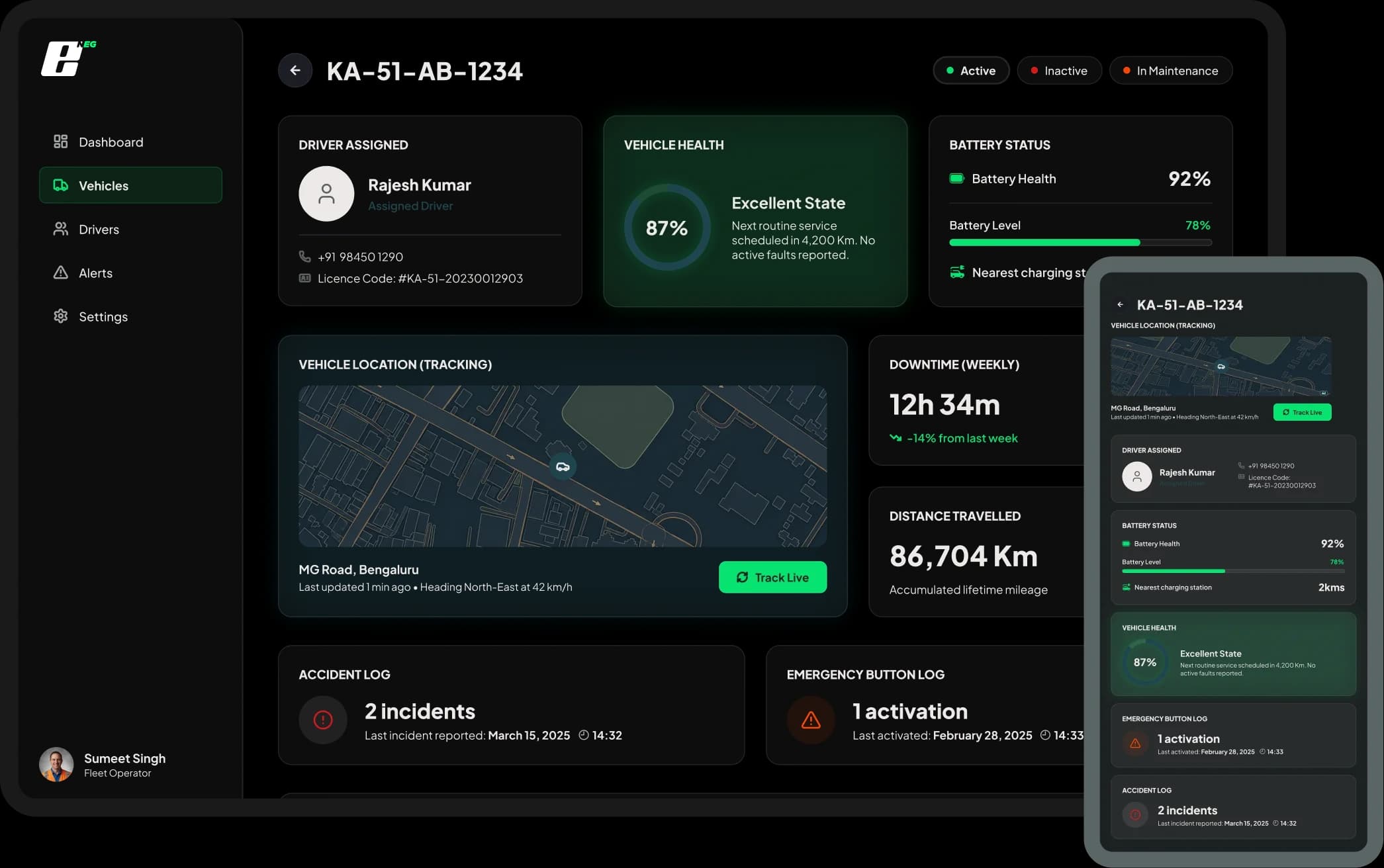 The eNEG fleet operator dashboard beside the same fleet OS running on a phone, showing a vehicle's assigned driver, health gauge, battery status, live location and past service logs