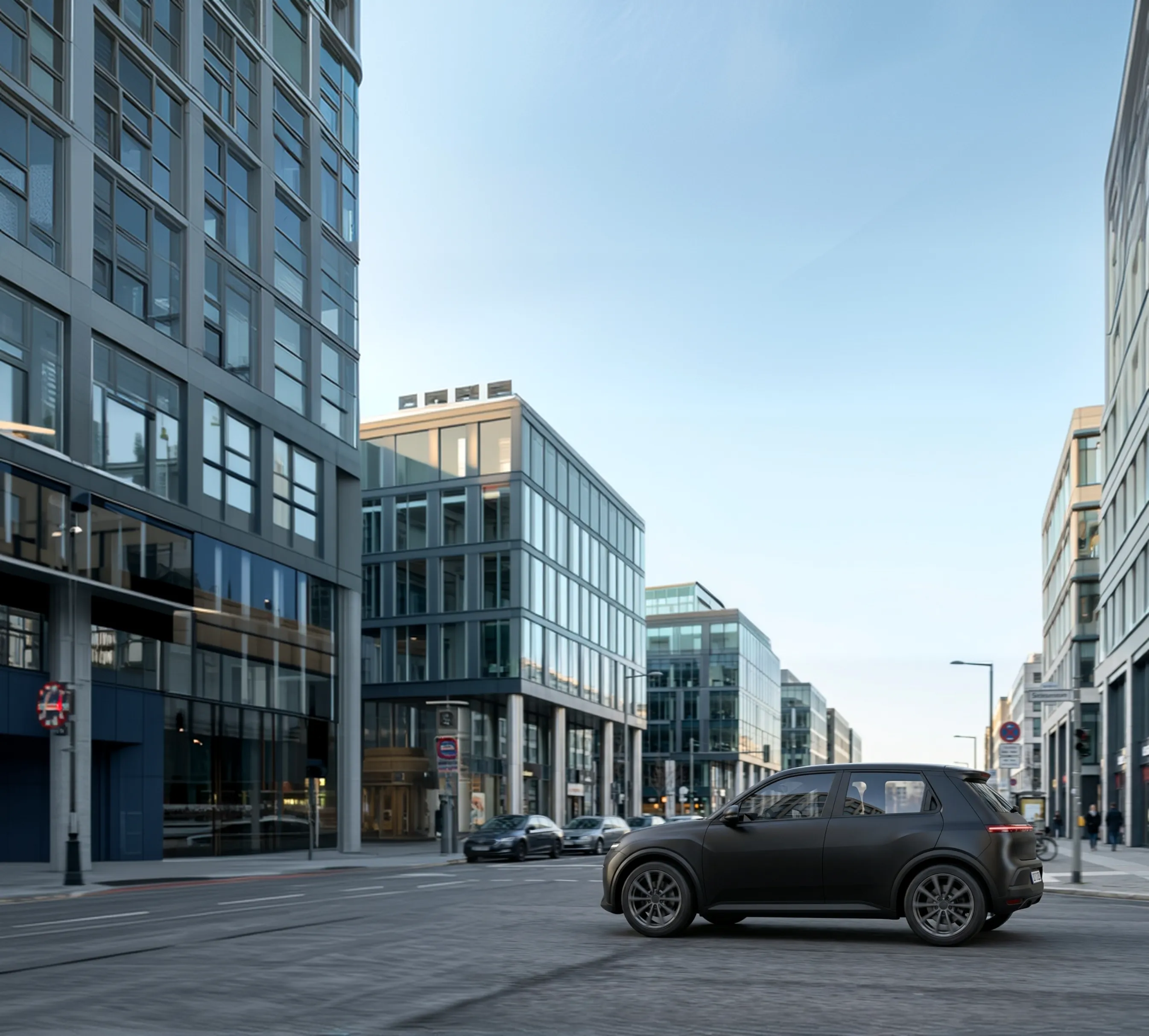 An eNEG car on a city street, offices and traffic behind it